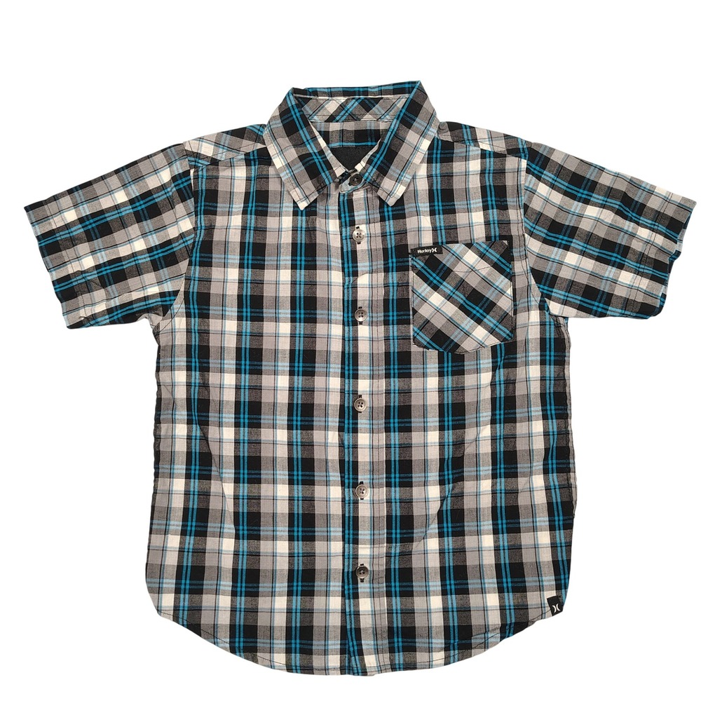 Hurley Button-Down Kids 5 Plaid Blue Black White Short Sleeve Shirt